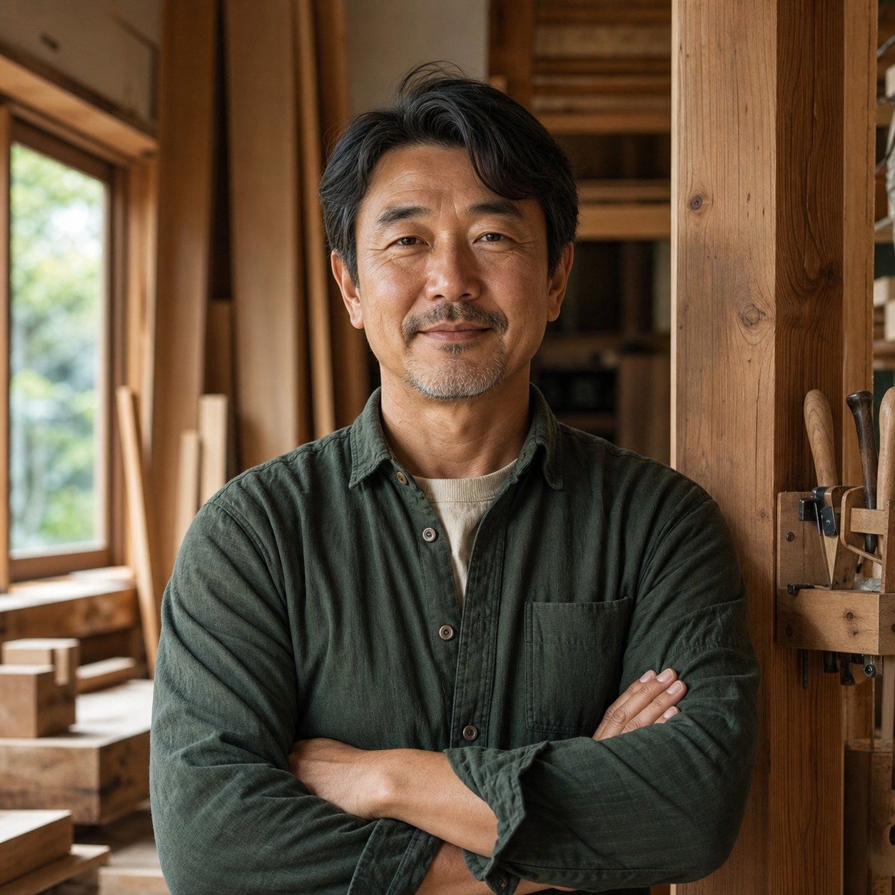 無垢の木を手で組む棟梁の手仕事